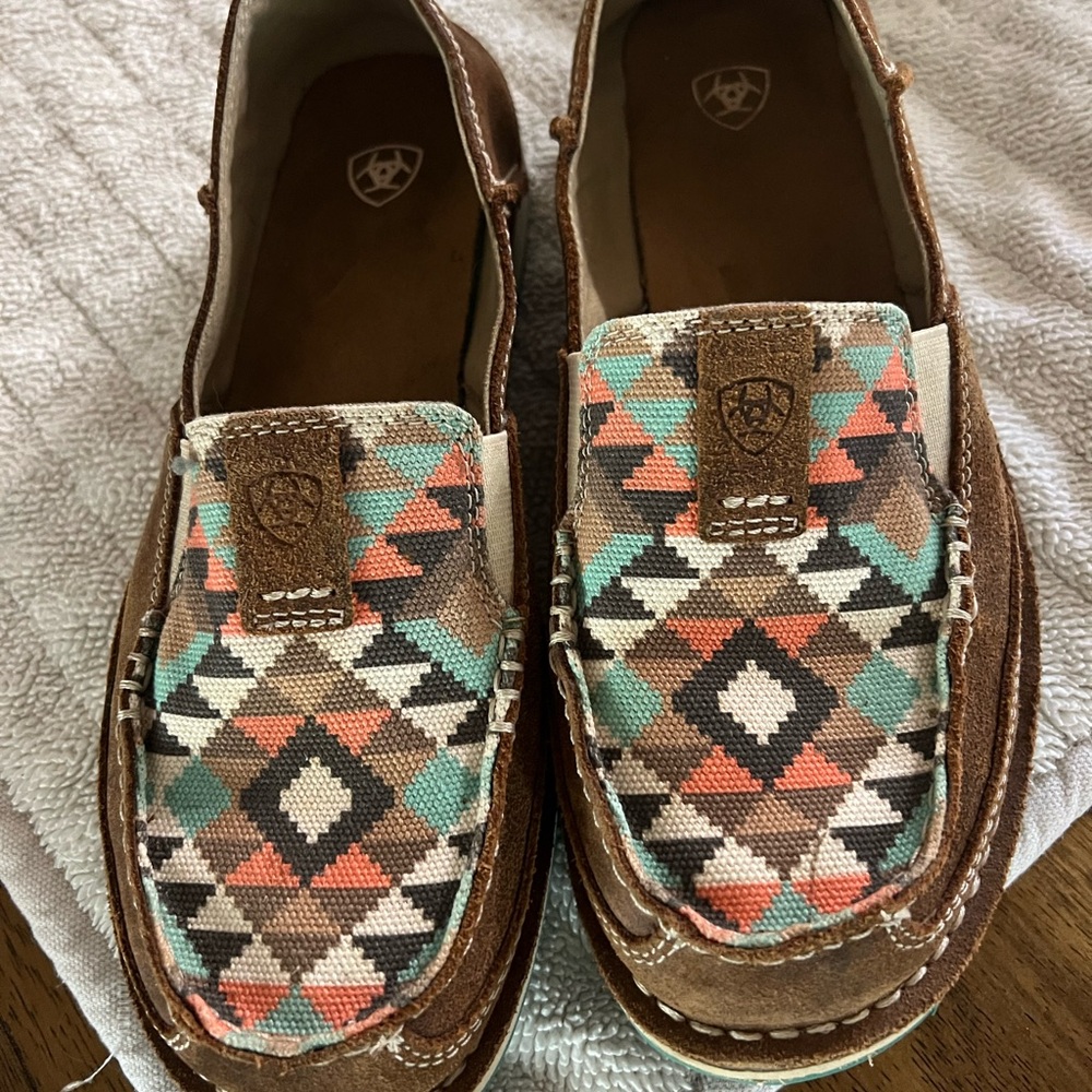 Ariat Brown Suede Slip-On Moccasins with Aztec Print
